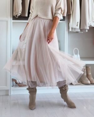 Beige Tulle Midi Skirt